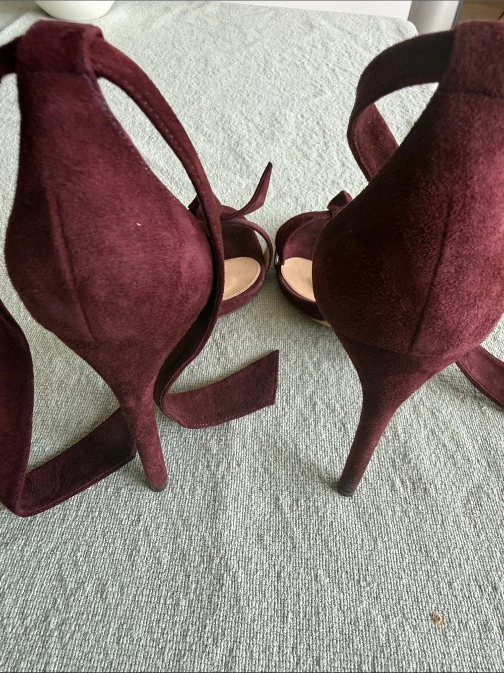 Alexandre Birman Burgundy Suede Knotted Open-Toe Ankle-Tie Heels